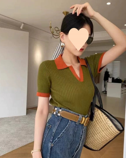 Women's French Retro Color Effect Collar Knitted Short Sleeve