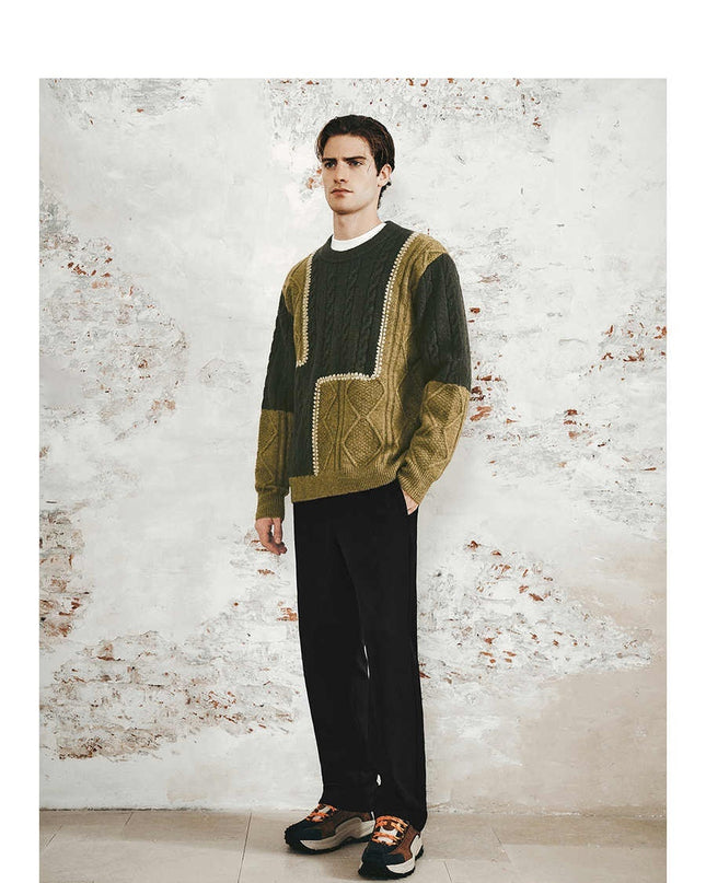 Men's Retro Casual Contrast Color Patchwork Round Neck Knitwear