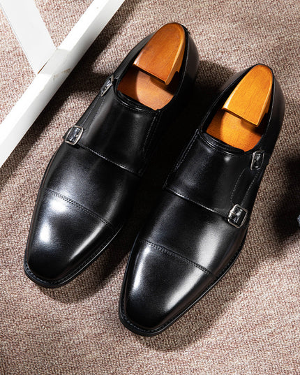 Double Buckle Design First Layer Cowhide Men's Business Leather Shoes