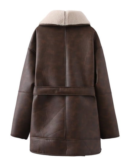 Fashion Cashmere Leather Fur Collar Composite Belt Coat