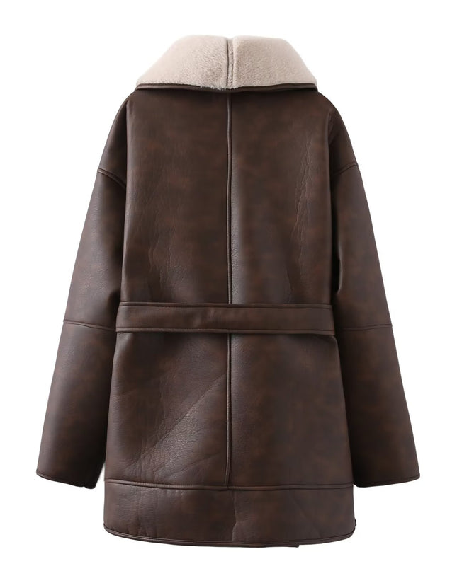 Fashion Cashmere Leather Fur Collar Composite Belt Coat