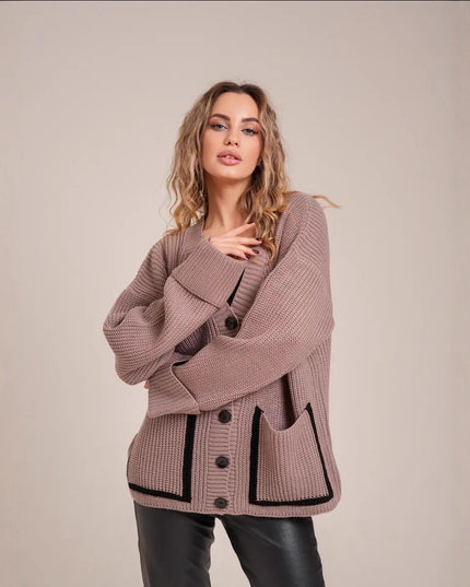 Loose-fitting V-neck Pocket Contrast Color Knitted Cardigan Sweater Coat