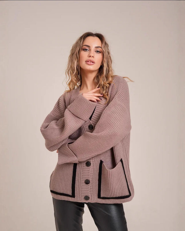 Loose-fitting V-neck Pocket Contrast Color Knitted Cardigan Sweater Coat