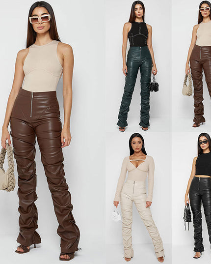 European And American Fashion Tight PU Leather Trousers Personalized Shrinkage Bootcut Trousers Women
