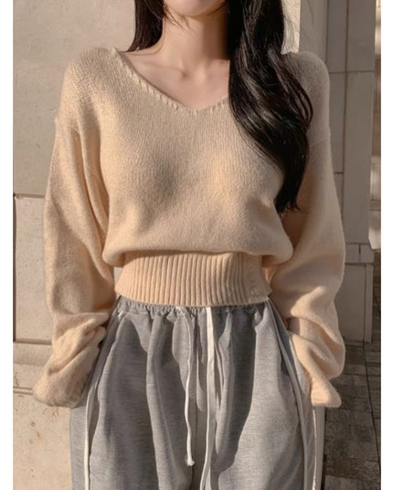 Solid Color And V-neck Side Buckle Waist Slimming Versatile Spring Top