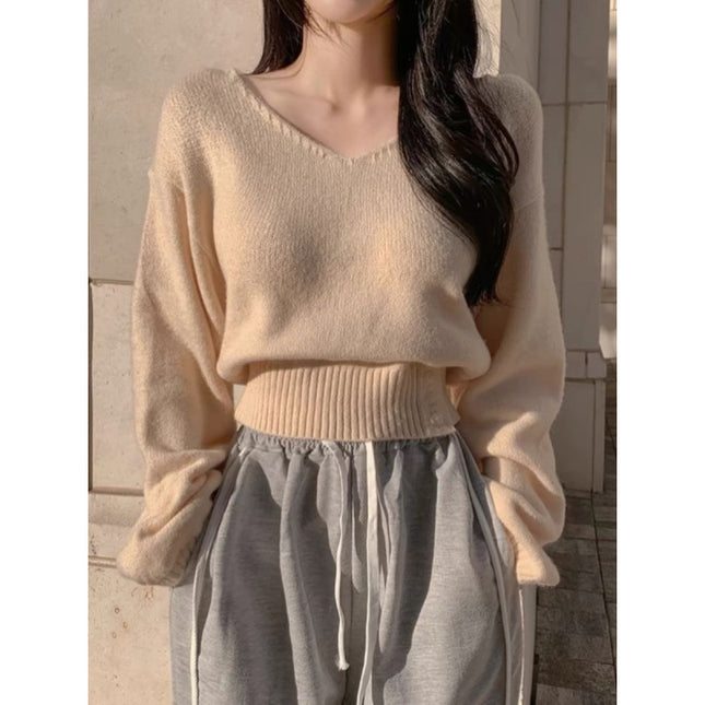 Solid Color And V-neck Side Buckle Waist Slimming Versatile Spring Top