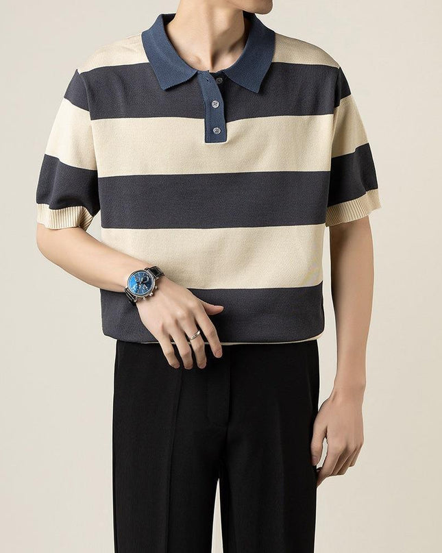 Lightly Mature Knitted Polo Shirt Casual Striped Short Sleeve