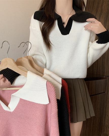 Contrast Color Polo Collar Soft Glutinous Sweater Women's Autumn And Winter