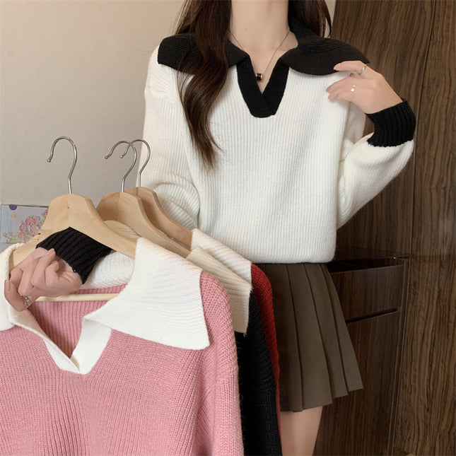 Contrast Color Polo Collar Soft Glutinous Sweater Women's Autumn And Winter