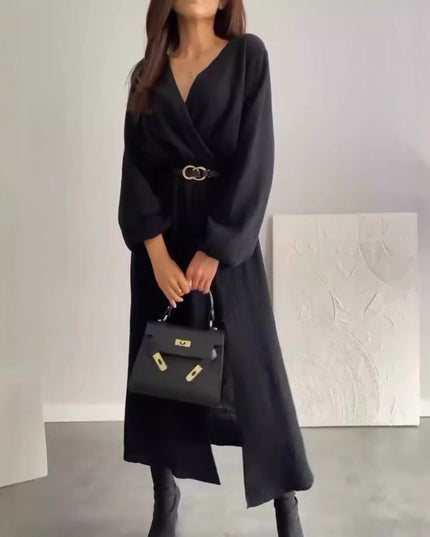 Fashion Long Sleeve Solid Color Waist Tight Dress