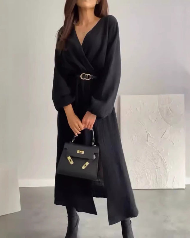 Fashion Long Sleeve Solid Color Waist Tight Dress