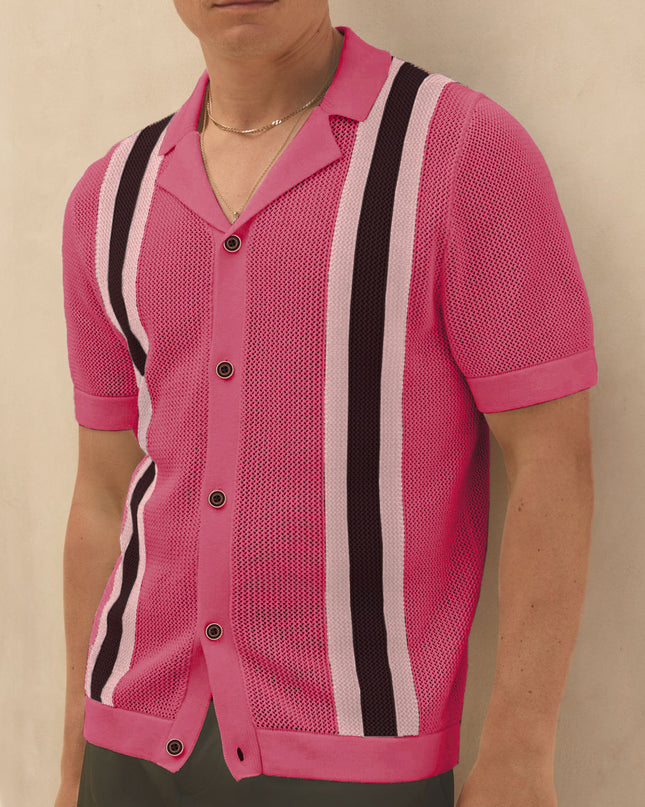 Men's Fashion Cuban Collar Short Sleeve Knitted Cardigan