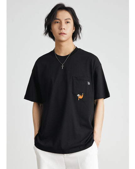 Embroidered Crew Neck T-shirt Cotton Double Yarn Loose