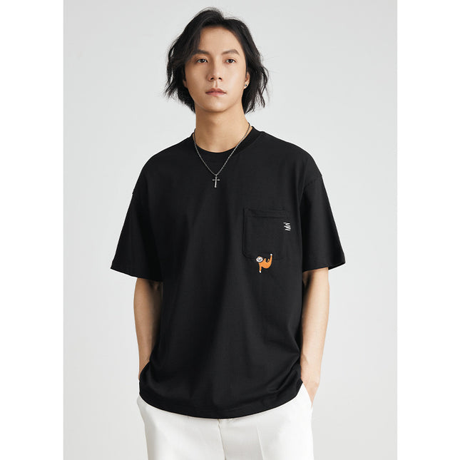 Embroidered Crew Neck T-shirt Cotton Double Yarn Loose