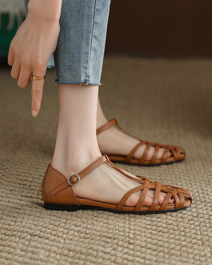 Fashionable French Retro Low Heel Hollow Sandals With Flat Bottom