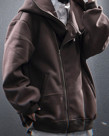 Oblique Zipper Hooded Cardigan Sweater Baggy Coat