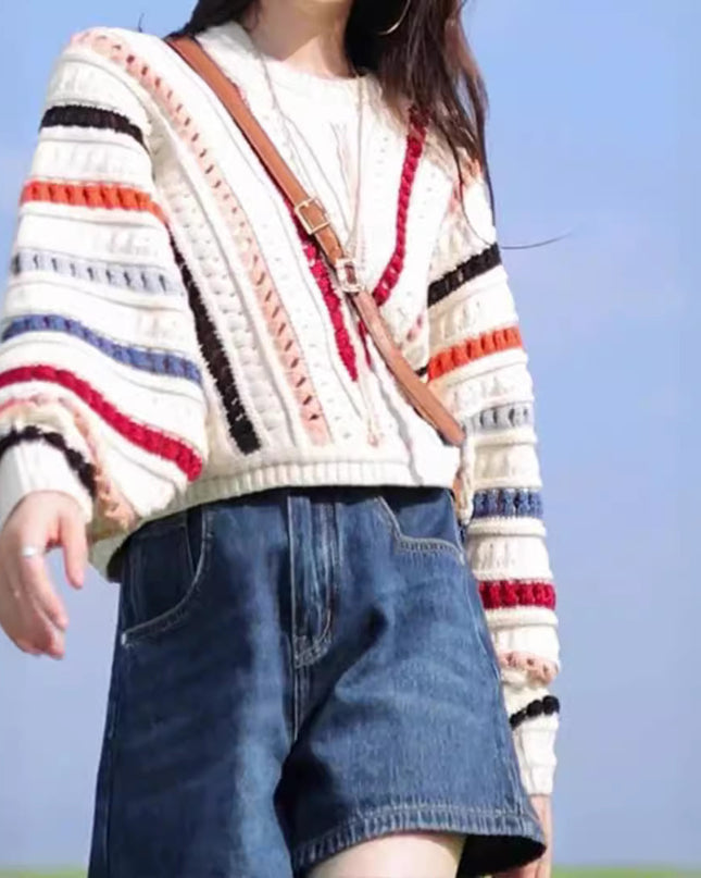 Retro Chic Rainbow Striped Hollow Sweater Round Neck Sweater