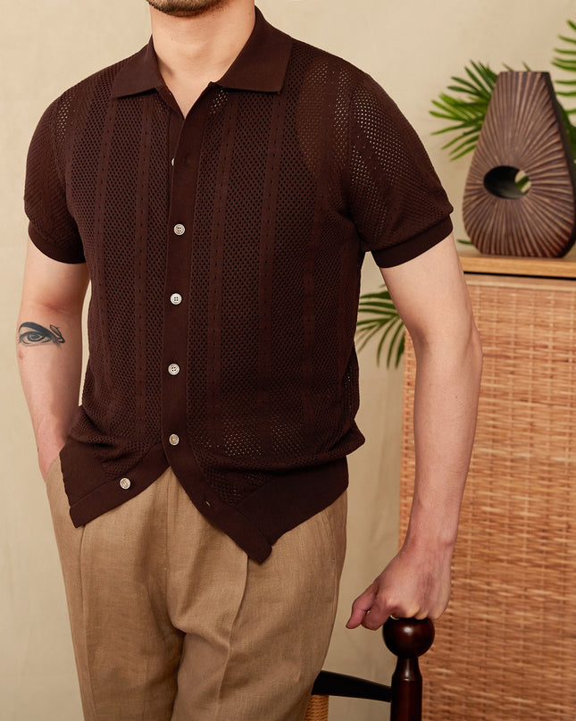 Short Sleeve Lapel Cardigan Breathable Stripes Knitted Casual Shirt Men