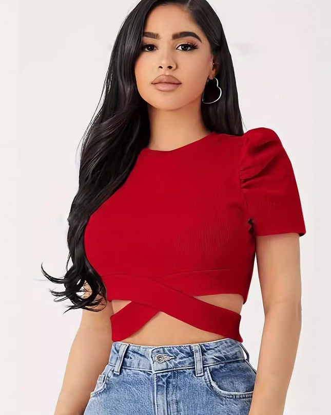 Solid Color Rib Fabric Slim Elastic Thread Round Neck Puff Short Sleeve