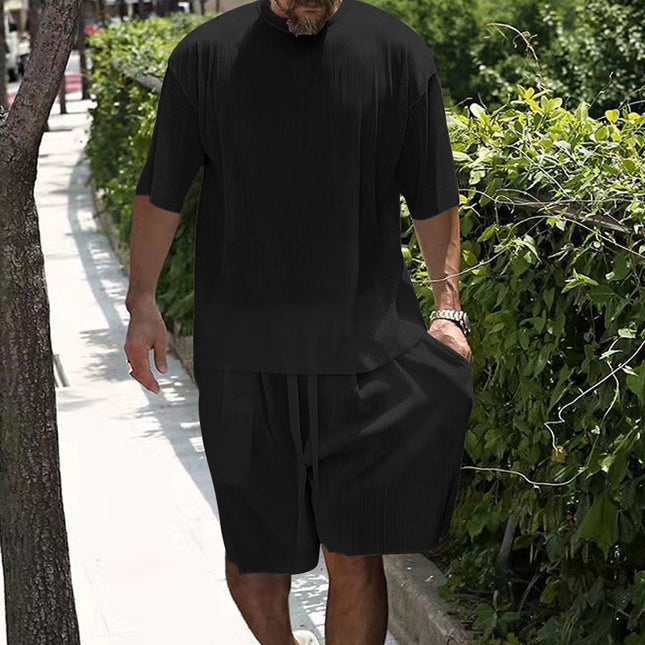 Ice Silk Sunken Stripe Loose Short Sleeve Shorts Men's Casual Suit