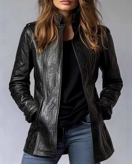 Women's Stand Collar Long Sleeve Distressed Fashion Leather Jacket Coat