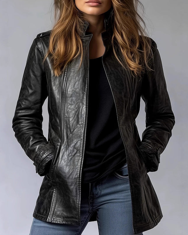 Women's Stand Collar Long Sleeve Distressed Fashion Leather Jacket Coat