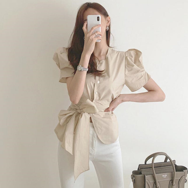 Ladies Temperament Round Neck Single-breasted Tie-waist Top