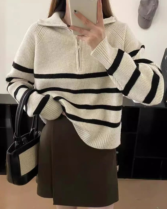 Casual Half Zipper And Lapel Coat Women's Striped Long-sleeved Sweater
