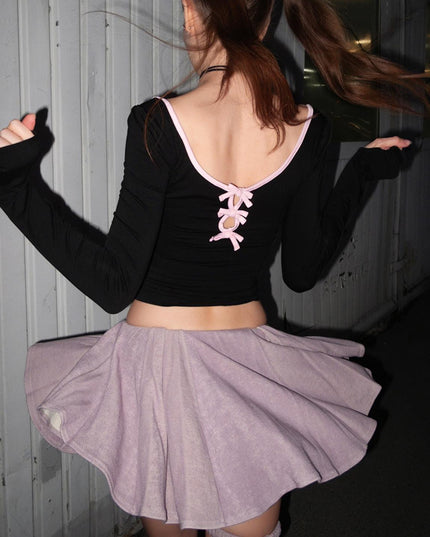 Women's Fashion Round Neck Bowknot Hollow Contrast Color Long Sleeves