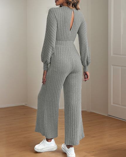 V-neck Lace-up Batwing Sleeve Solid Color Wide Leg Jumpsuit