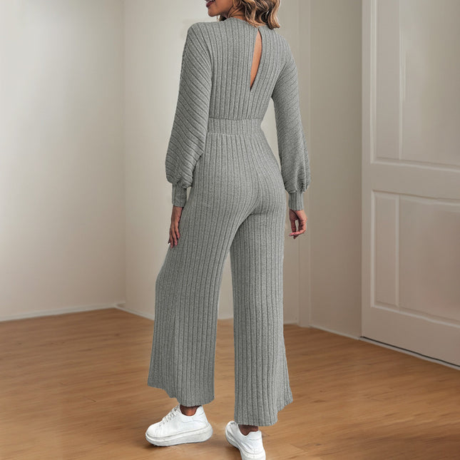 V-neck Lace-up Batwing Sleeve Solid Color Wide Leg Jumpsuit