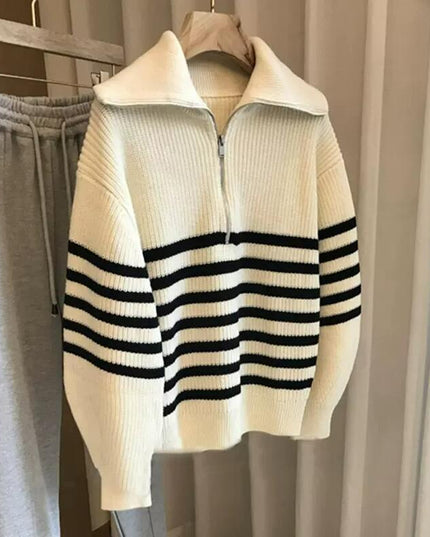 Lapel Half-open Zipper Contrast Color Striped Pullover Sweater
