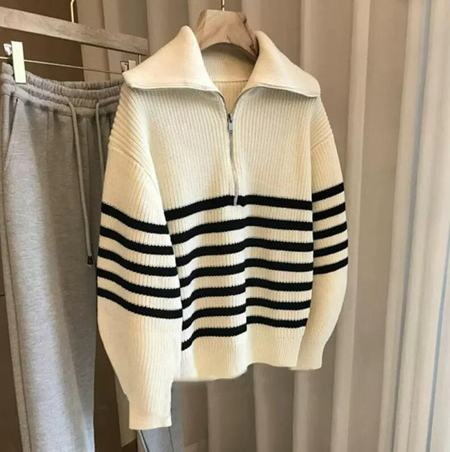 Lapel Half-open Zipper Contrast Color Striped Pullover Sweater