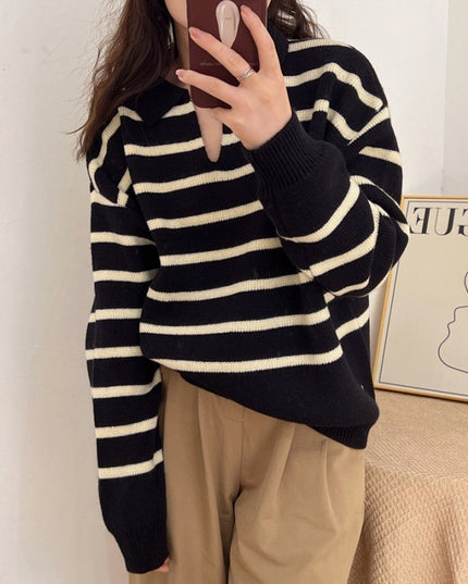 Retro Lazy Style Contrast Color Striped Collar Knitted Sweater