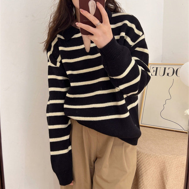 Retro Lazy Style Contrast Color Striped Collar Knitted Sweater