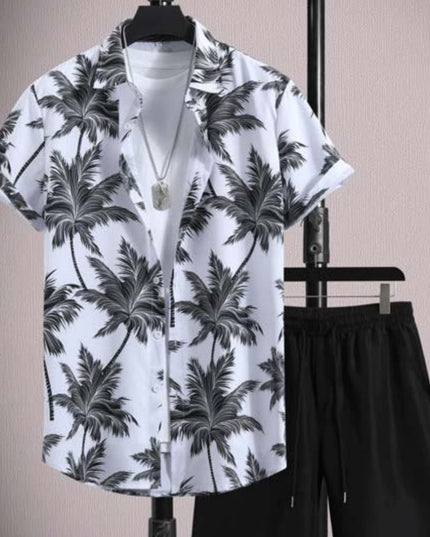 Men's Casual Ice Silk Micro-elastic Printed Short-sleeved Shirt Shorts Suit