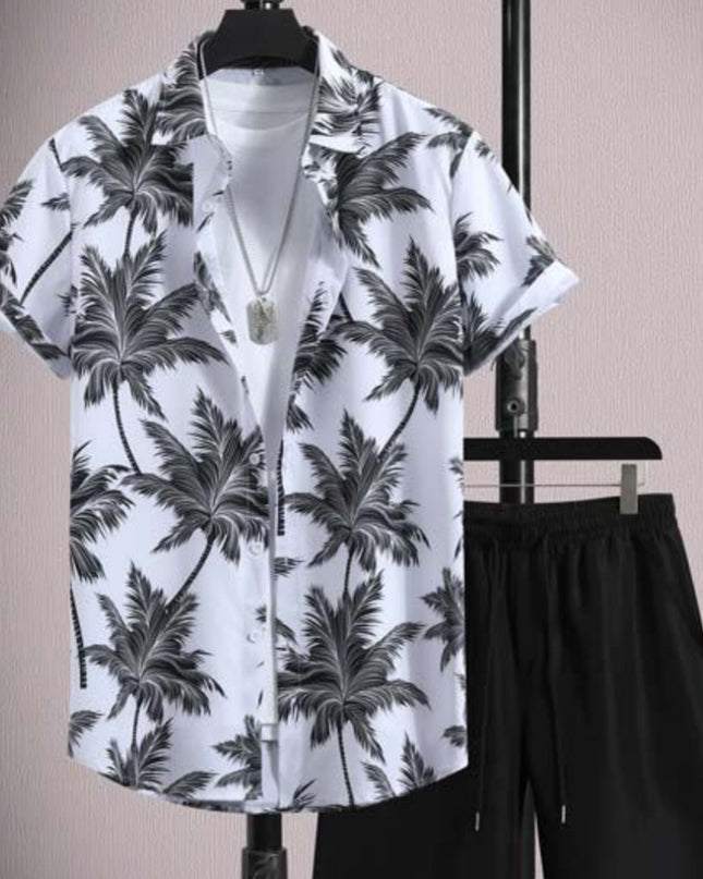Men's Casual Ice Silk Micro-elastic Printed Short-sleeved Shirt Shorts Suit