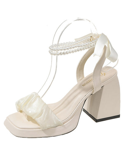 Medium Chunky Heel Crystal French Style Fairy Pearl Roman Sandals