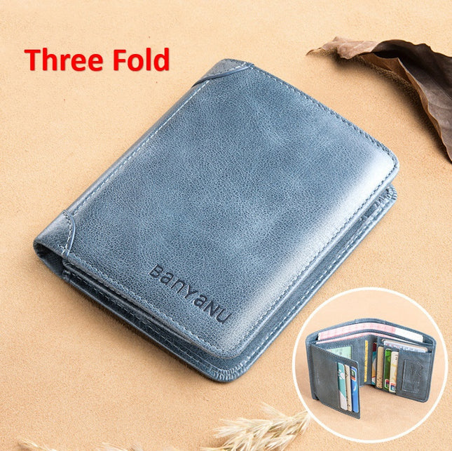 Men's Short Matte Leather Tri-fold Vertical Wallet