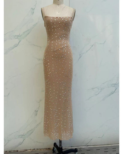 Elegant Nude & Black Sequin Spaghetti Strap Dress - High-End Luxury Slim Fit Long Dress For Parties, Birthdays & Special Occasions