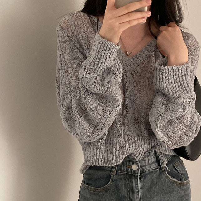 Retro V-neck Thin Cropped Pullover Sweater