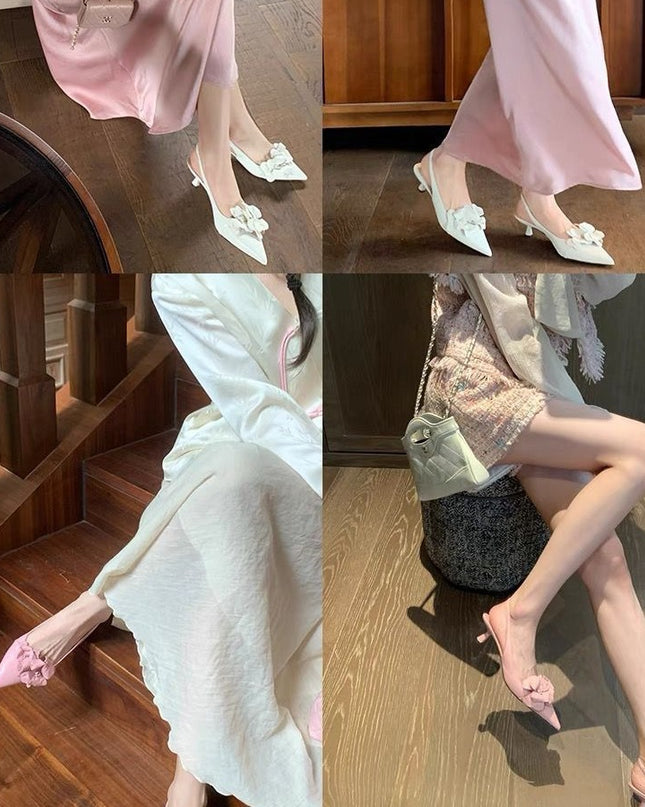 Small Sharp Point Low-cut Hollow Flower High Heels For Women