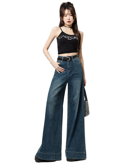 Dark Blue Narrow Version Korean Simple High Waist Loose Small Mop Wide Leg Pants