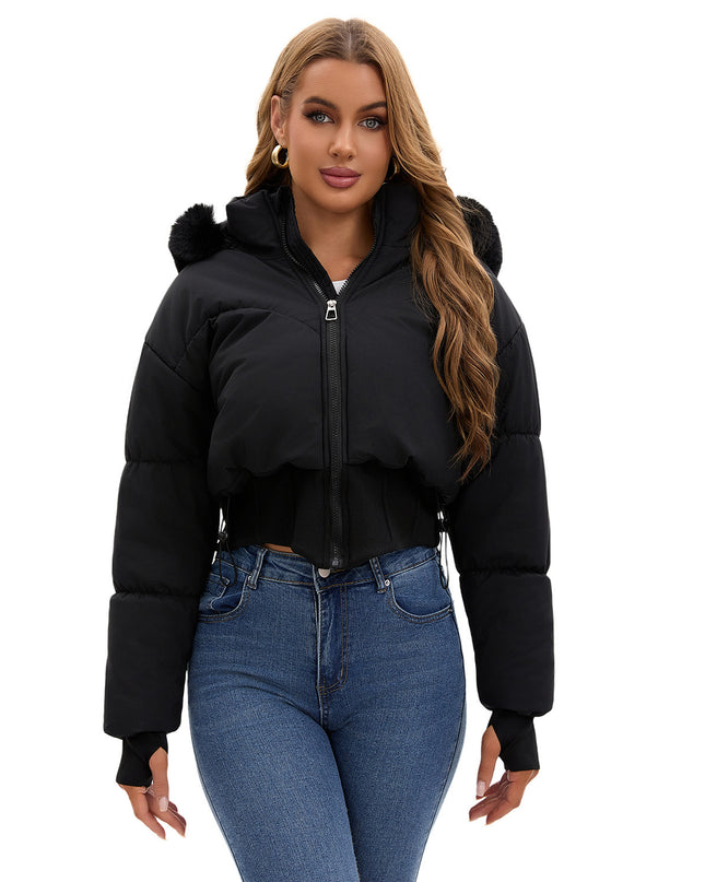 Women's Hooded Large Fur Collar Short Cotton Jacket