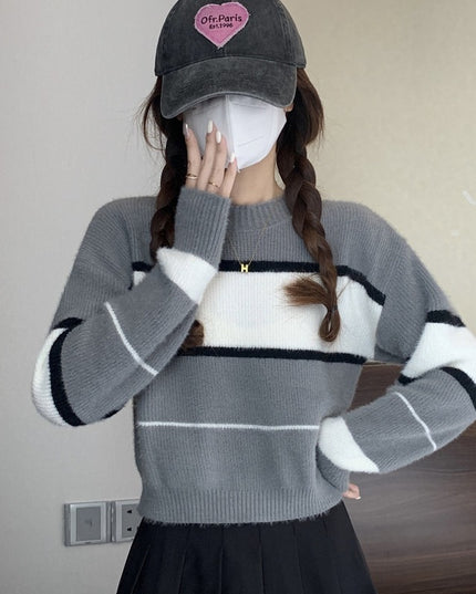 Mera Sweater Korean Casual Loose Contrast Color Striped Short Style