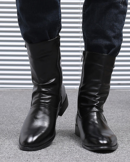 Pointed Leather Boots Men's British Korean High-top Leather Shoes Mid-calf Length