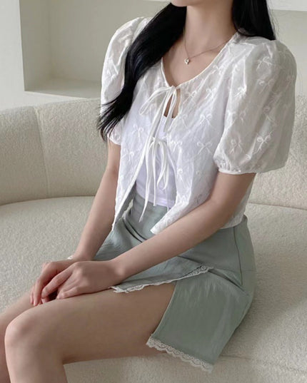 Chic Lace-up Crocheted Short-sleeved Blouse Shirt