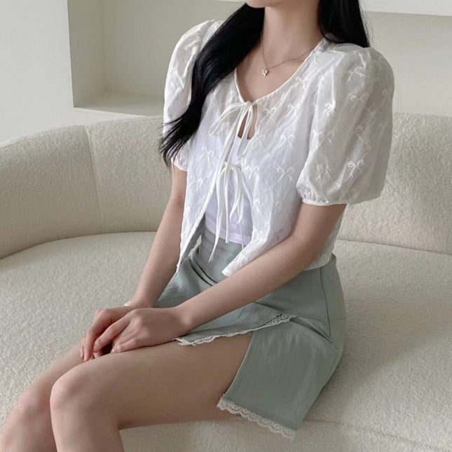 Chic Lace-up Crocheted Short-sleeved Blouse Shirt