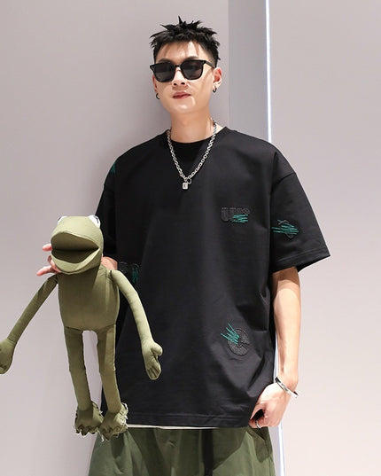 Men's Cotton Embroidery Simple Loose Leisure Pullover Short Sleeve Ins