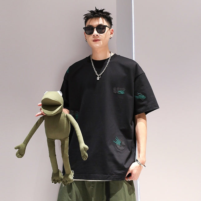 Men's Cotton Embroidery Simple Loose Leisure Pullover Short Sleeve Ins